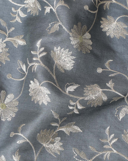 Slate Gray Tussar Silk Fabric with White Floral Embroidery, 110cm Width - Handcrafted Textile from India-D17925