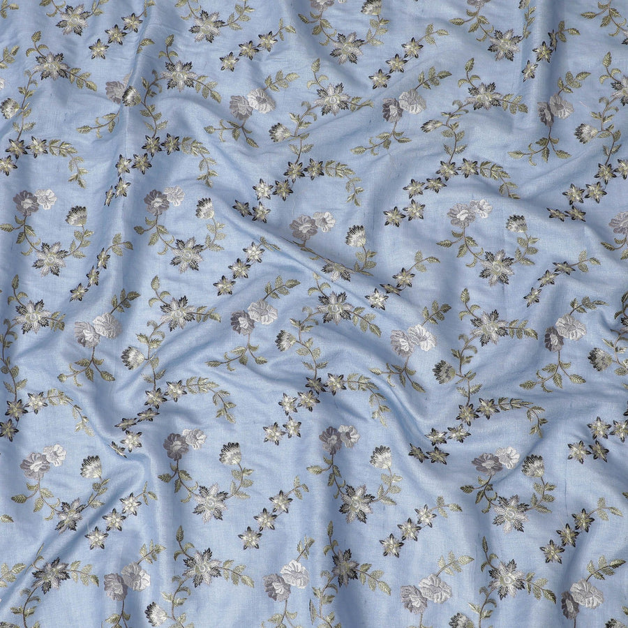 قماش حرير توسار أزرق فاتح مع تطريز أنيق، عرض 110 سم - نسيج هندي ناعم-D17927