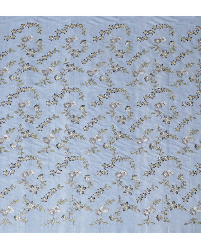 Powder Blue Tussar Silk Fabric with Elegant Embroidery, 110cm Width - Fine Indian Textile-D17927
