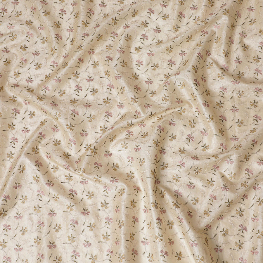 Ivory Tussar Silk Fabric with Delicate Floral Embroidery, 110cm Width - Elegant Indian Weave-D17929