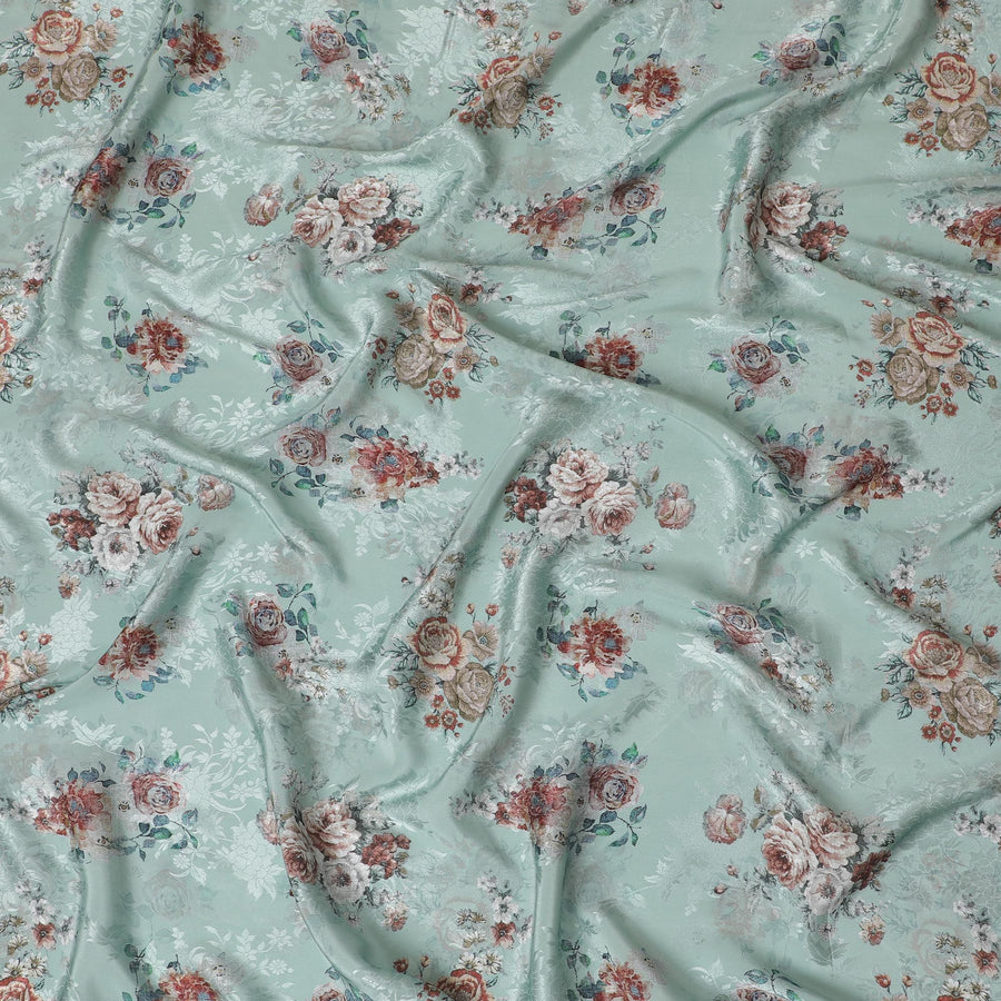 Aqua Mist Floral Synthetic Crepe Fabric, 110cm Width - Exquisite Print from India-D17932
