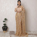 Luxurious Metallic Chantilly Lace Saree with Exquisite Stone Work, 110cm Width, 5.5m Length - Elegant Peach Hue (Blouse Not Included)-D17945 Regal Fabrics