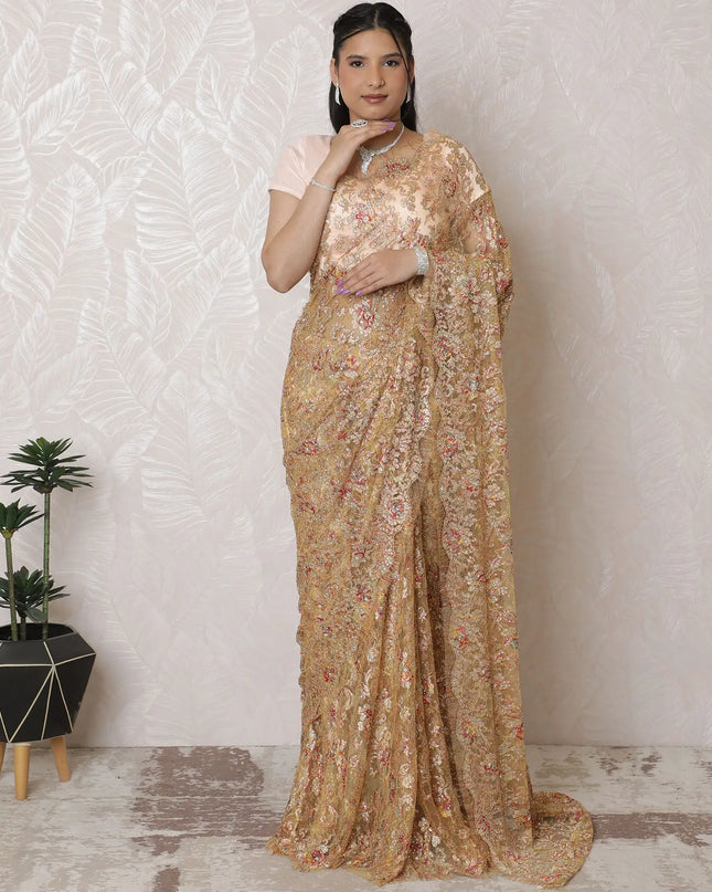 Luxurious Metallic Chantilly Lace Saree with Exquisite Stone Work, 110cm Width, 5.5m Length - Elegant Peach Hue (Blouse Not Included)-D17945 Regal Fabrics