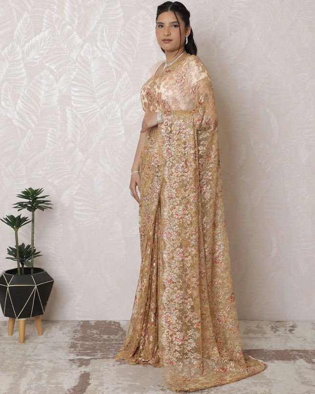 Luxurious Metallic Chantilly Lace Saree with Exquisite Stone Work, 110cm Width, 5.5m Length - Elegant Peach Hue (Blouse Not Included)-D17945 Regal Fabrics