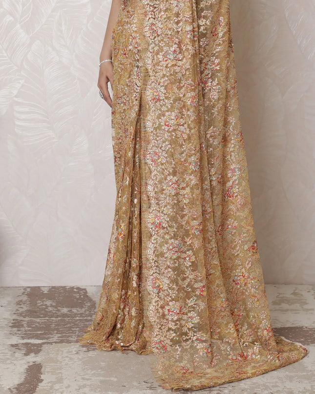 Luxurious Metallic Chantilly Lace Saree with Exquisite Stone Work, 110cm Width, 5.5m Length - Elegant Peach Hue (Blouse Not Included)-D17945 Regal Fabrics