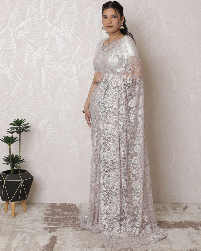 Silver-Toned, Light lavender French Metallic Chantilly Lace Saree, Delicate Stone Work, 110cm Width, 5.5m Length - Ethereal White (Blouse Not Included)-D17946