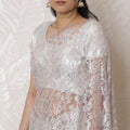 Silver-Toned, Light lavender French Metallic Chantilly Lace Saree, Delicate Stone Work, 110cm Width, 5.5m Length - Ethereal White (Blouse Not Included)-D17946
