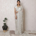 Elegant Metallic Chantilly Lace Saree - French Design, Stone Embellishments, 5.5m x 110cm, Silver Hues, Blouse Piece Not Included-D17947 Regal Fabrics