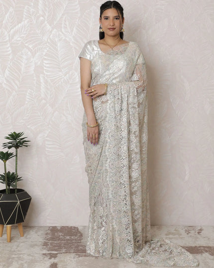 Elegant Metallic Chantilly Lace Saree - French Design, Stone Embellishments, 5.5m x 110cm, Silver Hues, Blouse Piece Not Included-D17947 Regal Fabrics
