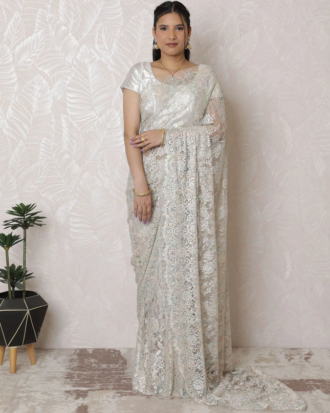 Elegant Metallic Chantilly Lace Saree - French Design, Stone Embellishments, 5.5m x 110cm, Silver Hues, Blouse Piece Not Included-D17947 Regal Fabrics