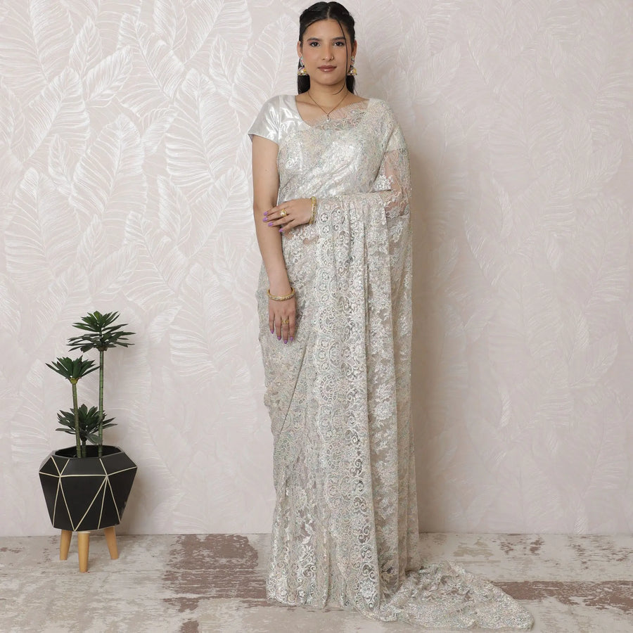 Elegant Metallic Chantilly Lace Saree - French Design, Stone Embellishments, 5.5m x 110cm, Silver Hues, Blouse Piece Not Included-D17947 Regal Fabrics