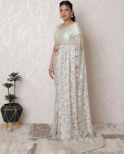 Elegant Metallic Chantilly Lace Saree - French Design, Stone Embellishments, 5.5m x 110cm, Silver Hues, Blouse Piece Not Included-D17947 Regal Fabrics