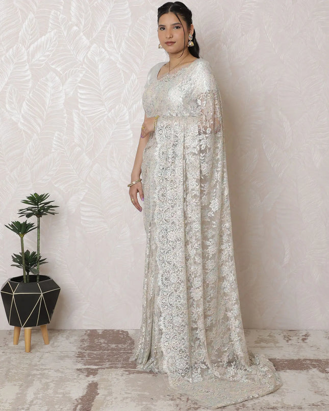 Elegant Metallic Chantilly Lace Saree - French Design, Stone Embellishments, 5.5m x 110cm, Silver Hues, Blouse Piece Not Included-D17947 Regal Fabrics