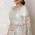 Elegant Metallic Chantilly Lace Saree - French Design, Stone Embellishments, 5.5m x 110cm, Silver Hues, Blouse Piece Not Included-D17947 Regal Fabrics