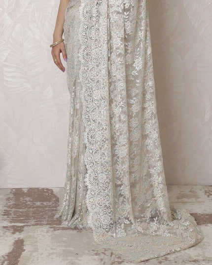 Elegant Metallic Chantilly Lace Saree - French Design, Stone Embellishments, 5.5m x 110cm, Silver Hues, Blouse Piece Not Included-D17947 Regal Fabrics