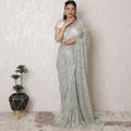 Elegant Mint blue Metallic Silver Chantilly Lace Art Silk Saree from France - 110cm Width, 5.5m Length (Blouse Not Included)
-D17948
