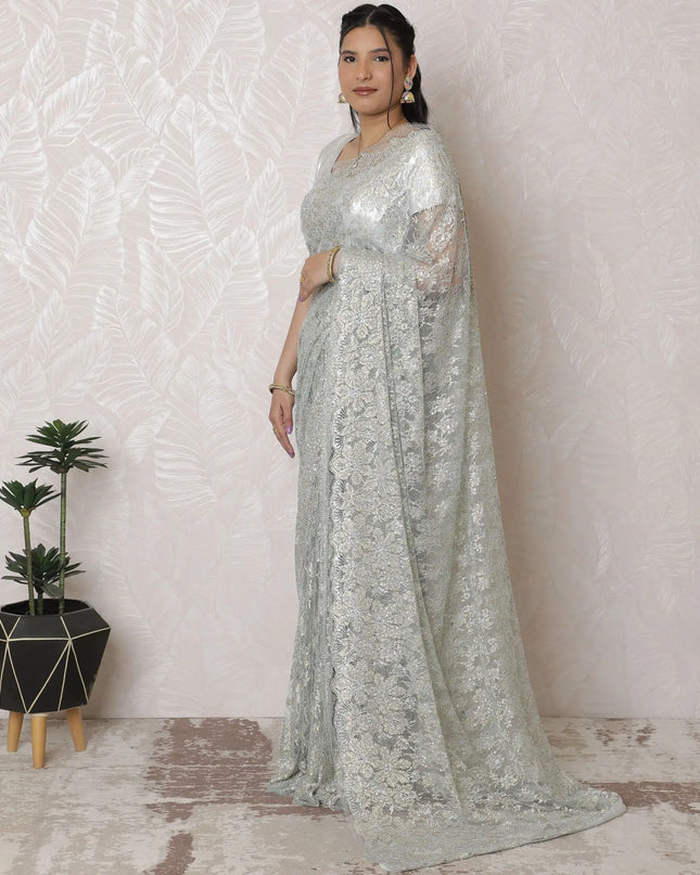 Elegant Mint blue Metallic Silver Chantilly Lace Art Silk Saree from France - 110cm Width, 5.5m Length (Blouse Not Included)
-D17948 Regal Fabrics