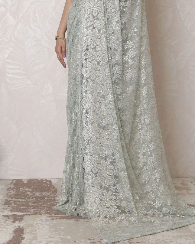 Elegant Mint blue Metallic Silver Chantilly Lace Art Silk Saree from France - 110cm Width, 5.5m Length (Blouse Not Included)
-D17948 Regal Fabrics