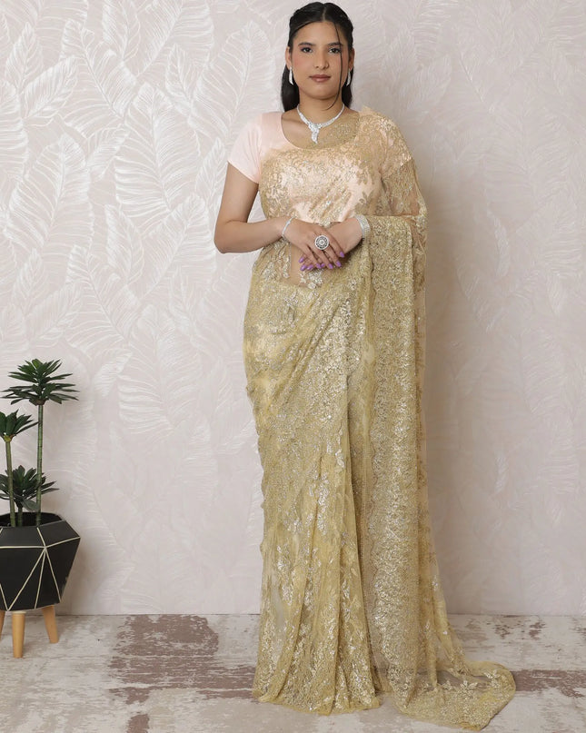 Luxury Blush & Gold Chantilly Lace Art Silk Saree - French Crafted, 110cm Width, 5.5m Length (Blouse Not Included)-D17949 Regal Fabrics