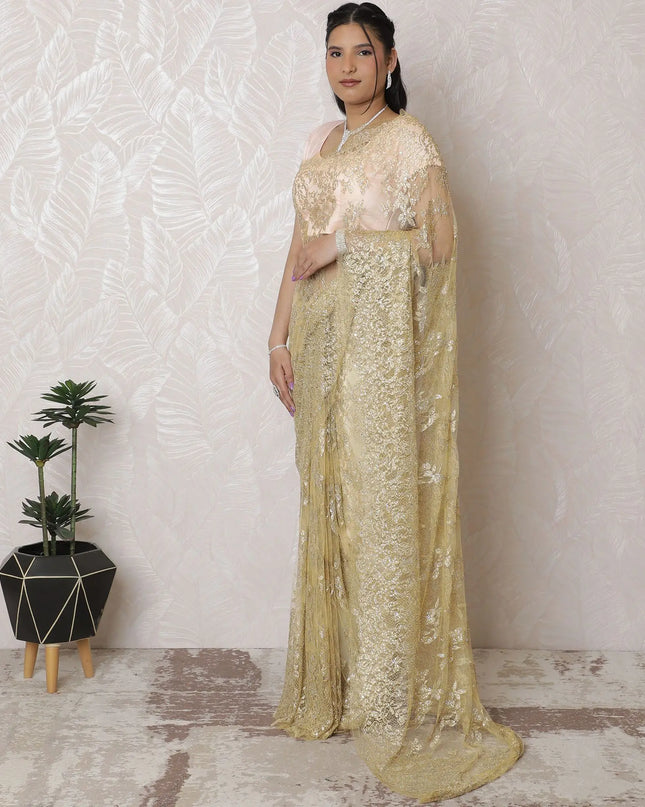 Luxury Blush & Gold Chantilly Lace Art Silk Saree - French Crafted, 110cm Width, 5.5m Length (Blouse Not Included)-D17949 Regal Fabrics
