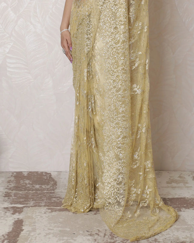 Luxury Blush & Gold Chantilly Lace Art Silk Saree - French Crafted, 110cm Width, 5.5m Length (Blouse Not Included)-D17949 Regal Fabrics