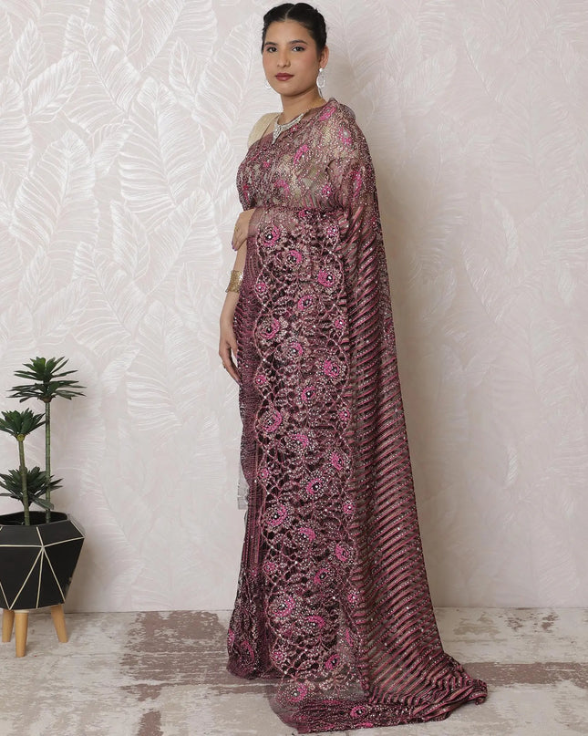 Glamorous Rose Black, Gold Sequined Chantilly Lace Art Silk Saree - French Elegance, 110cm Width, 5.5m Length (Blouse Not Included)-D17951 Regal Fabrics