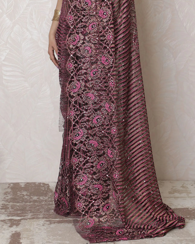 Glamorous Rose Black, Gold Sequined Chantilly Lace Art Silk Saree - French Elegance, 110cm Width, 5.5m Length (Blouse Not Included)-D17951 Regal Fabrics
