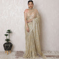 Elegant Metallic Gold Chantilly Lace Saree - French Design, 110 cm Width, 5.5m Length, Exquisite Applique Work, Blouse Not Included-D17953