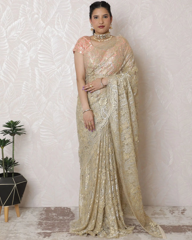 Elegant Metallic Gold Chantilly Lace Saree - French Design, 110 cm Width, 5.5m Length, Exquisite Applique Work, Blouse Not Included-D17953 Regal Fabrics