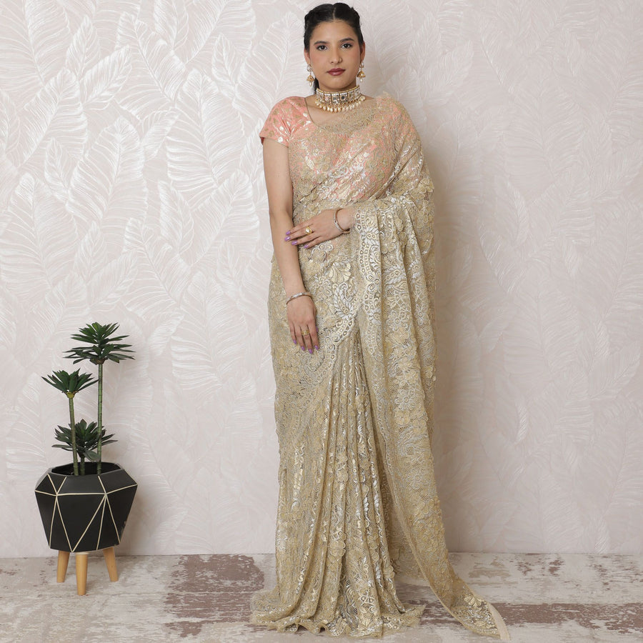 Elegant Metallic Gold Chantilly Lace Saree - French Design, 110 cm Width, 5.5m Length, Exquisite Applique Work, Blouse Not Included-D17953