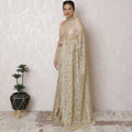 Elegant Metallic Gold Chantilly Lace Saree - French Design, 110 cm Width, 5.5m Length, Exquisite Applique Work, Blouse Not Included-D17953