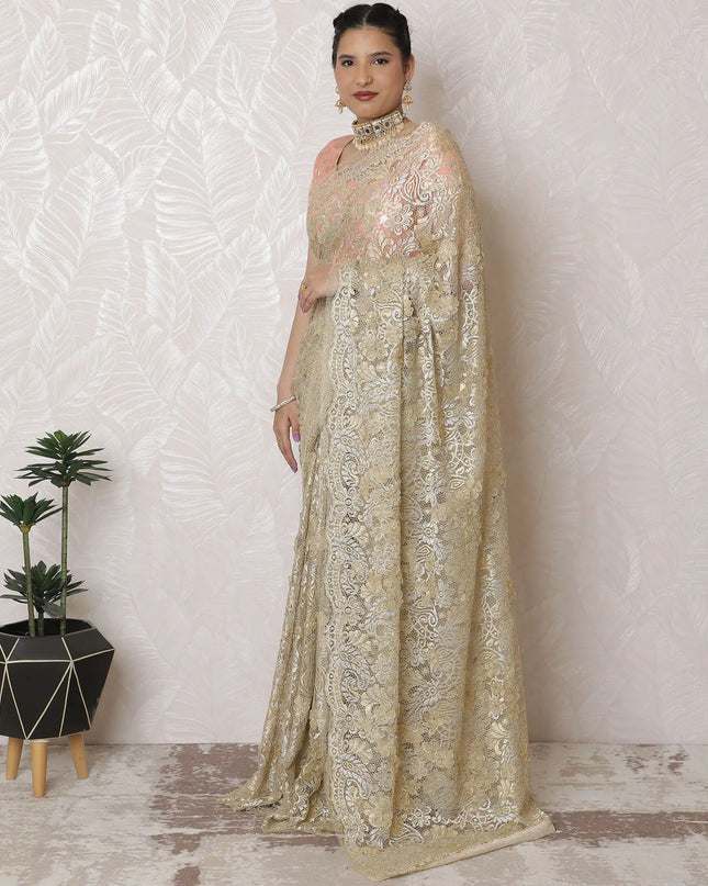 Elegant Metallic Gold Chantilly Lace Saree - French Design, 110 cm Width, 5.5m Length, Exquisite Applique Work, Blouse Not Included-D17953 Regal Fabrics