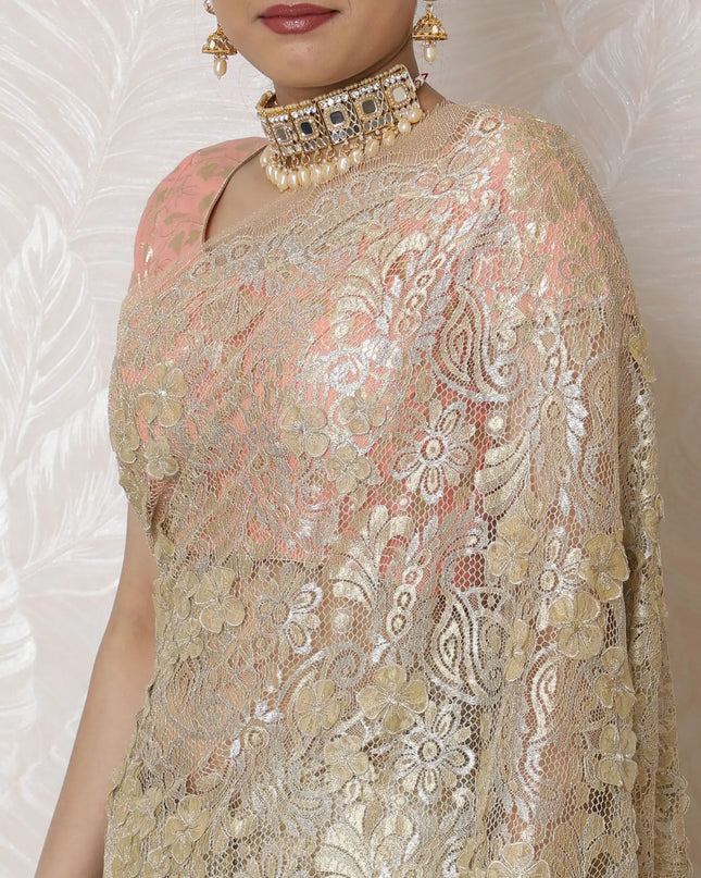 Elegant Metallic Gold Chantilly Lace Saree - French Design, 110 cm Width, 5.5m Length, Exquisite Applique Work, Blouse Not Included-D17953 Regal Fabrics