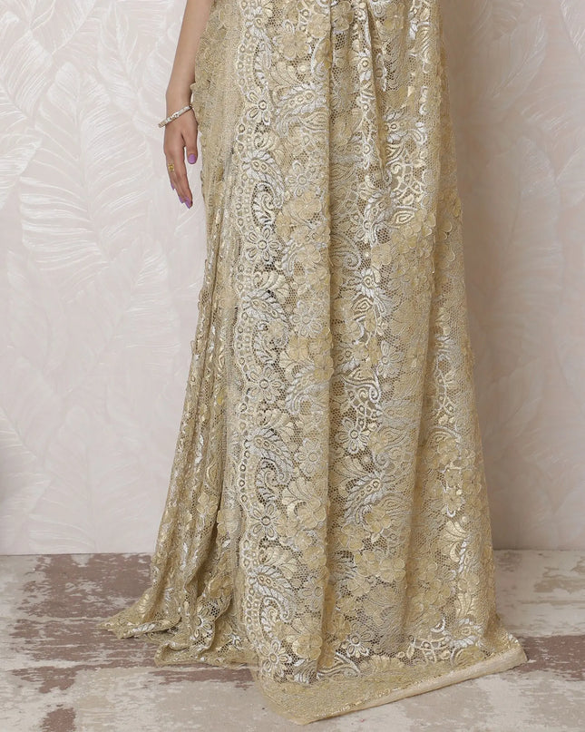Elegant Metallic Gold Chantilly Lace Saree - French Design, 110 cm Width, 5.5m Length, Exquisite Applique Work, Blouse Not Included-D17953 Regal Fabrics