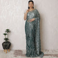 Luxurious French Metallic Chantilly Lace Saree - 110cm, 5.5m - Shimmering Silver Sage (No Blouse Piece)-D17957