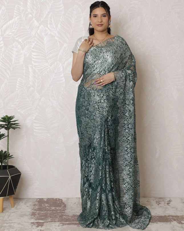 Luxurious French Metallic Chantilly Lace Saree - 110cm, 5.5m - Shimmering Silver Sage (No Blouse Piece)-D17957 Regal Fabrics