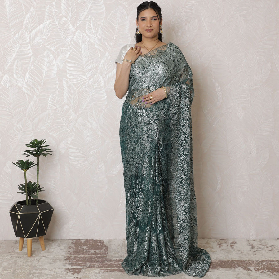 Luxurious French Metallic Chantilly Lace Saree - 110cm, 5.5m - Shimmering Silver Sage (No Blouse Piece)-D17957