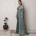 Luxurious French Metallic Chantilly Lace Saree - 110cm, 5.5m - Shimmering Silver Sage (No Blouse Piece)-D17957