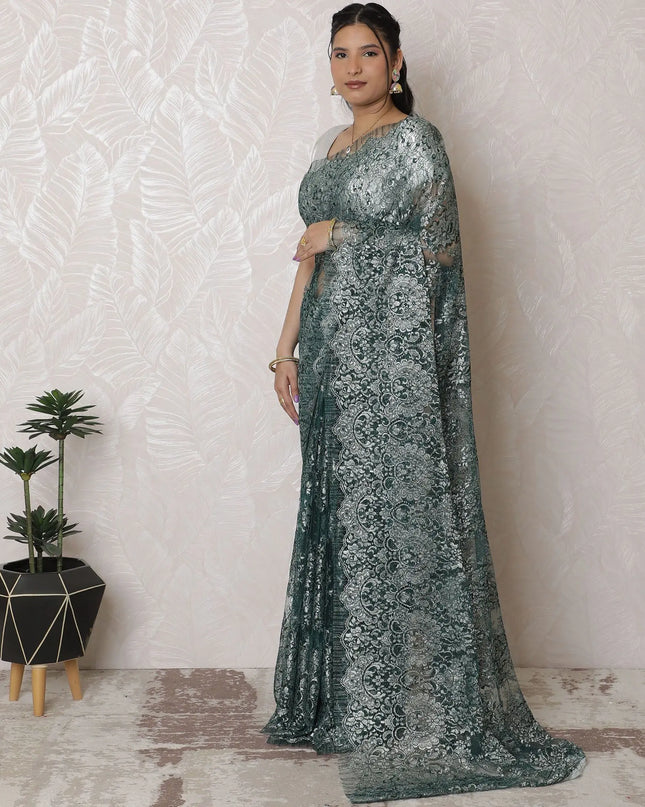 Luxurious French Metallic Chantilly Lace Saree - 110cm, 5.5m - Shimmering Silver Sage (No Blouse Piece)-D17957 Regal Fabrics