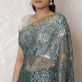 Luxurious French Metallic Chantilly Lace Saree - 110cm, 5.5m - Shimmering Silver Sage (No Blouse Piece)-D17957