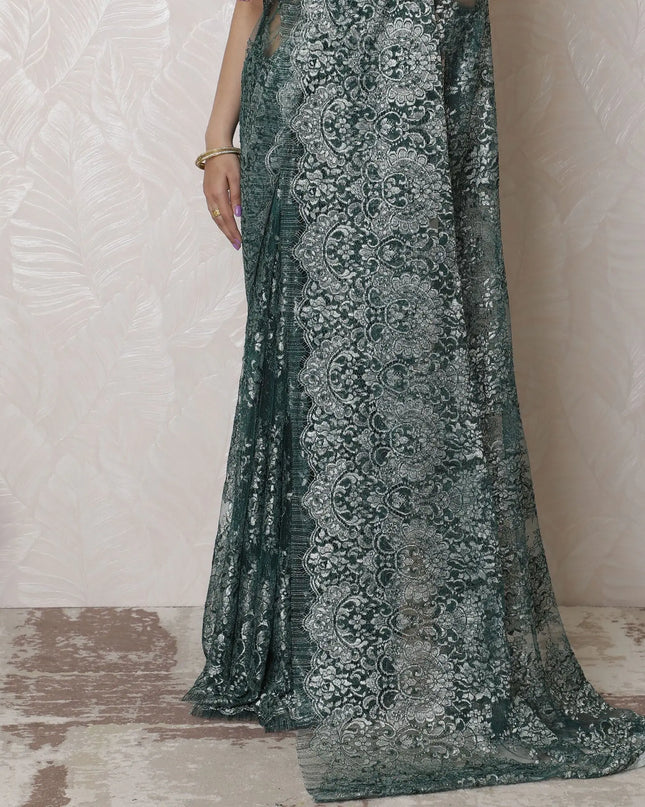 Luxurious French Metallic Chantilly Lace Saree - 110cm, 5.5m - Shimmering Silver Sage (No Blouse Piece)-D17957 Regal Fabrics