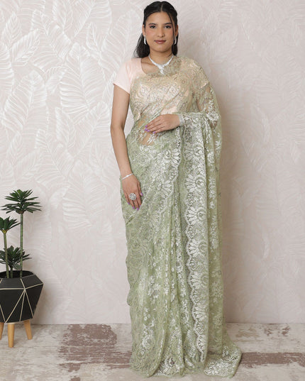 ساري كلاسيكي من الدانتيل شانتيلي معدني ليموني أحمر الخدود - عرض 110 سم، طول 5.5 متر - أناقة خالدة (قطعة البلوزة غير متضمنة) -D17959