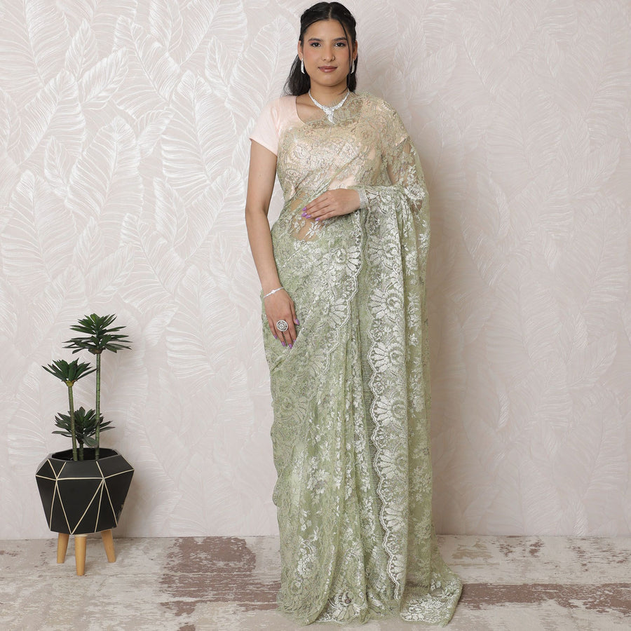 ساري كلاسيكي من الدانتيل شانتيلي معدني ليموني أحمر الخدود - عرض 110 سم، طول 5.5 متر - أناقة خالدة (قطعة البلوزة غير متضمنة) -D17959