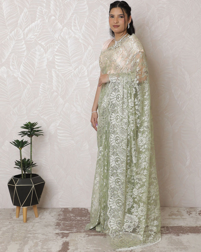 ساري كلاسيكي من الدانتيل شانتيلي معدني ليموني أحمر الخدود - عرض 110 سم، طول 5.5 متر - أناقة خالدة (قطعة البلوزة غير متضمنة) -D17959