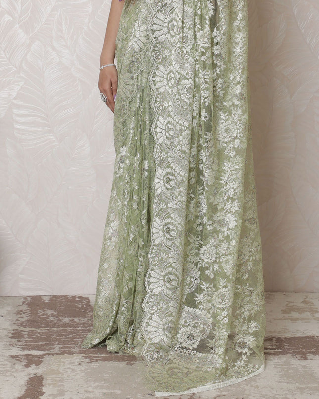 ساري كلاسيكي من الدانتيل شانتيلي معدني ليموني أحمر الخدود - عرض 110 سم، طول 5.5 متر - أناقة خالدة (قطعة البلوزة غير متضمنة) -D17959