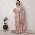 Enchanting Rose Blush pink French Chantilly Lace Saree - 110cm Width, 5.5m Length - No Blouse Piece-D17960
