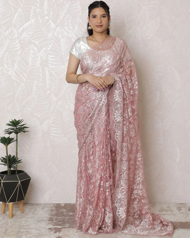 Enchanting Rose Blush pink French Chantilly Lace Saree - 110cm Width, 5.5m Length - No Blouse Piece-D17960 Regal Fabrics