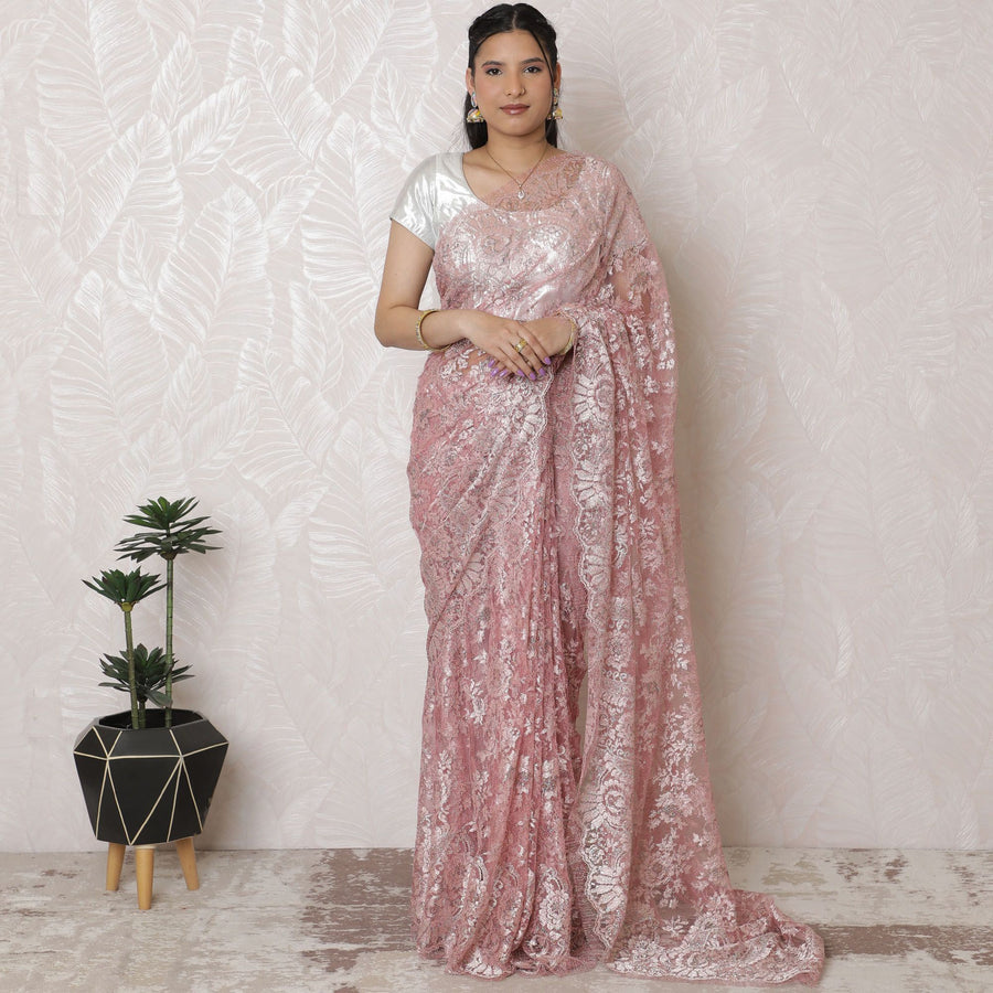 Enchanting Rose Blush pink French Chantilly Lace Saree - 110cm Width, 5.5m Length - No Blouse Piece-D17960