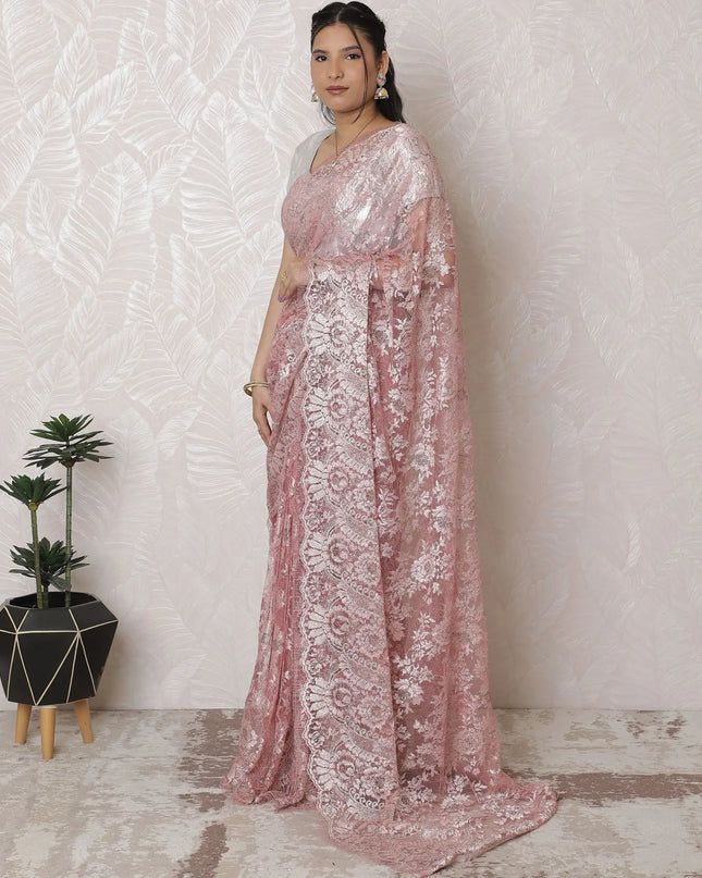 Enchanting Rose Blush pink French Chantilly Lace Saree - 110cm Width, 5.5m Length - No Blouse Piece-D17960 Regal Fabrics