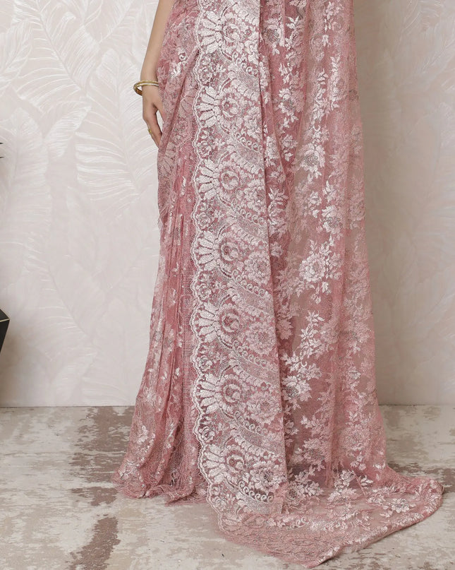 Enchanting Rose Blush pink French Chantilly Lace Saree - 110cm Width, 5.5m Length - No Blouse Piece-D17960 Regal Fabrics